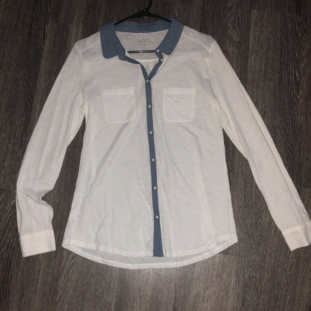 LOFT Cotton Button-Up Blouse with Chambray Collar